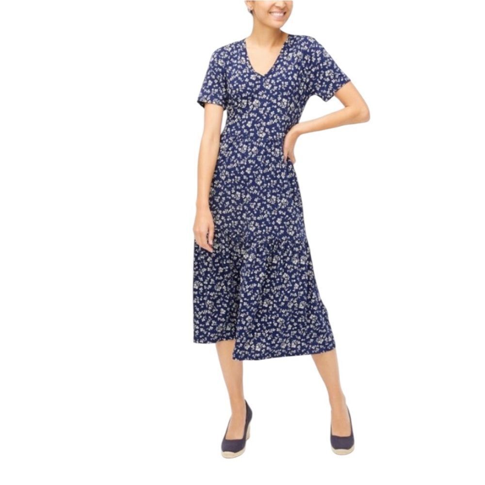 J. Crew Navy Floral Tiered Knit MIDI Dress